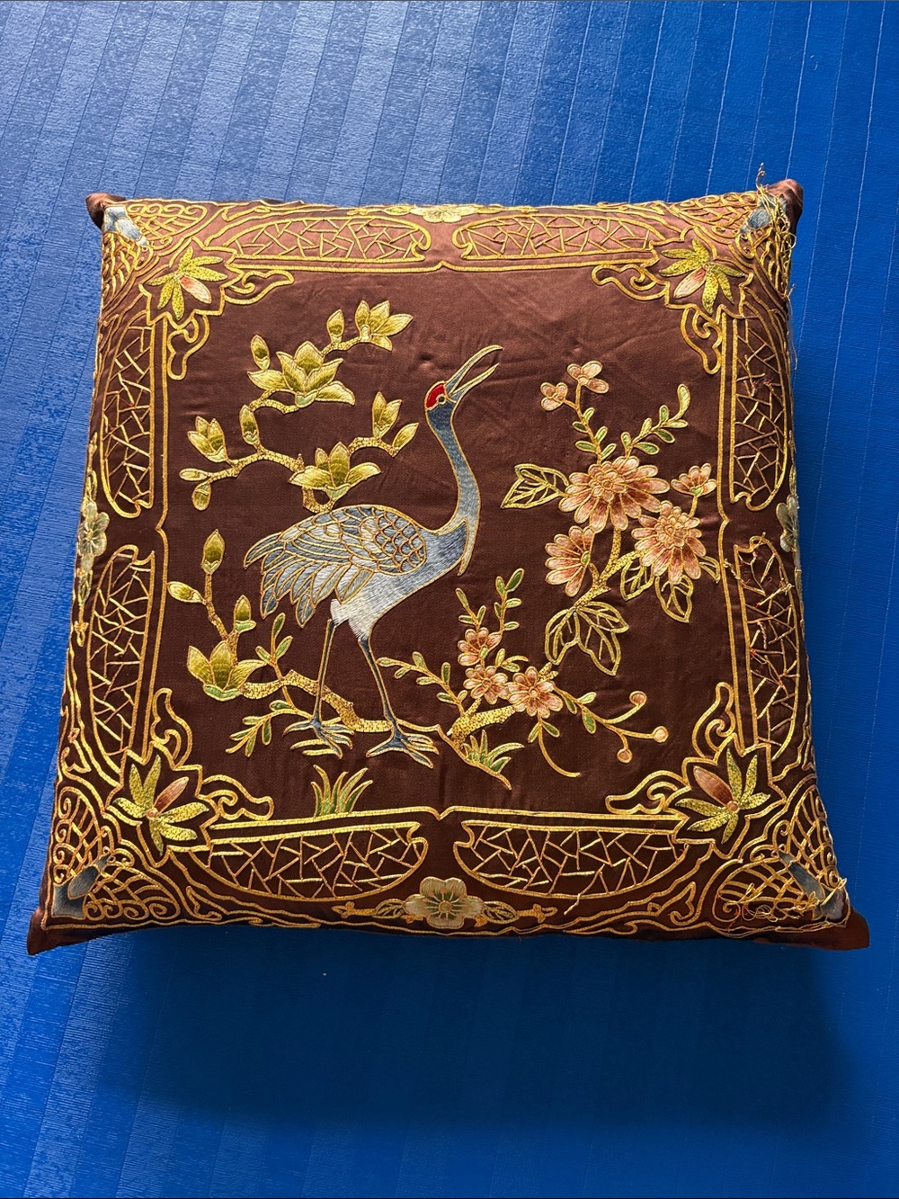 Vintage Chinese Silk Golden Embroidered Crane Throw Pillow 17 x 17